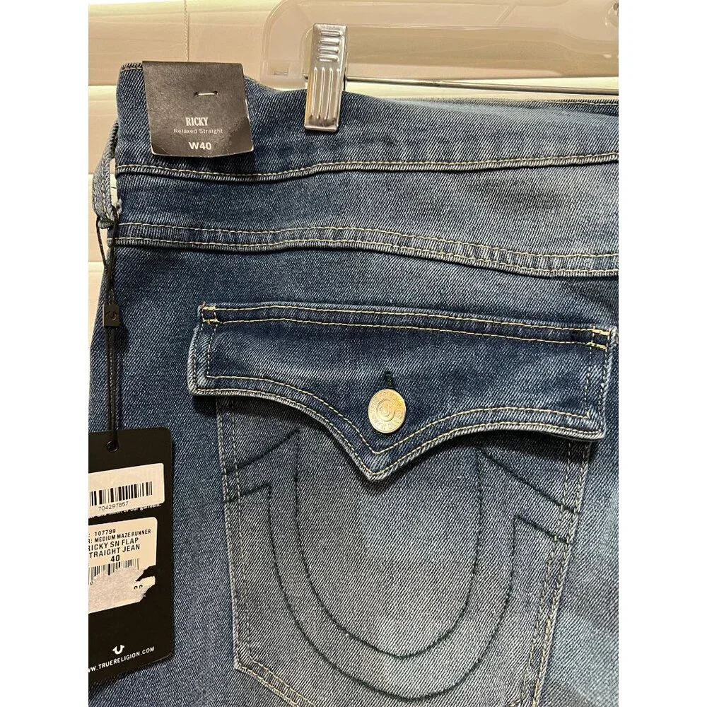 True Religion Ricky Relaxed Straight Jeans‎ Mens 40x35 Medium Wash Blue SN Flap